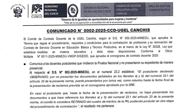 COMUNICADO N° 0002-2025-CCD-UGEL CANCHIS